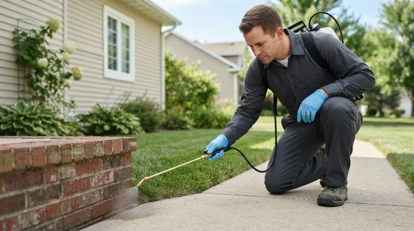 Pest control technician treating a home near Rochester, IN